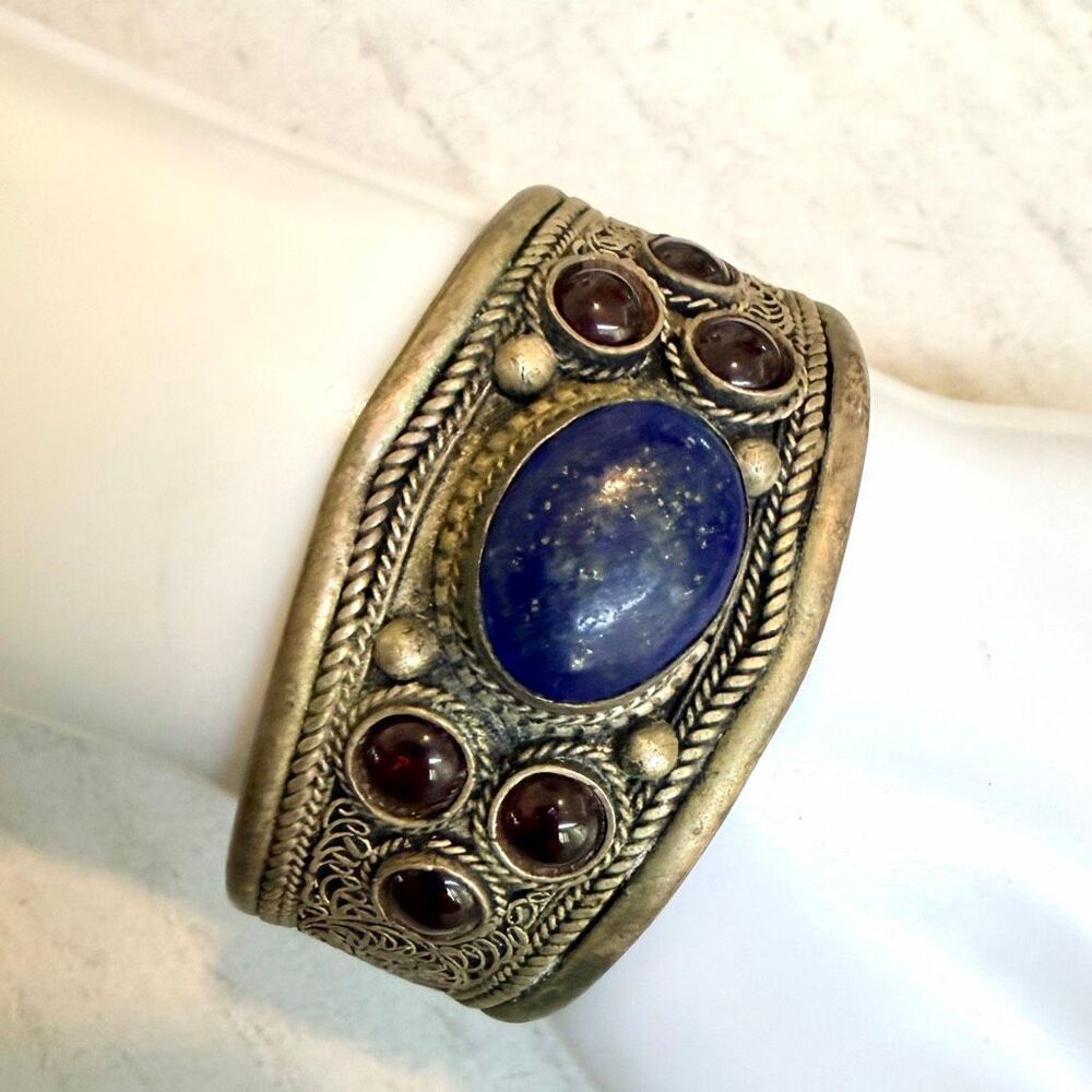 Vintage Lapis Lazuli & garnet  Filigree Cuff Bracelet